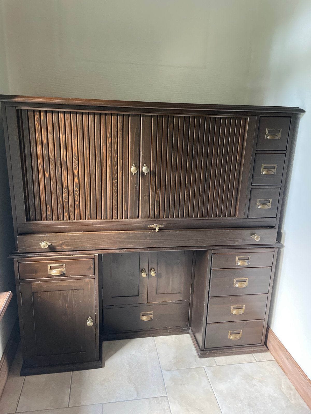 Antiek Secretaire Bureau-kast combinatie met rolluik, Ophalen, Gebruikt, Antiek, Bruin