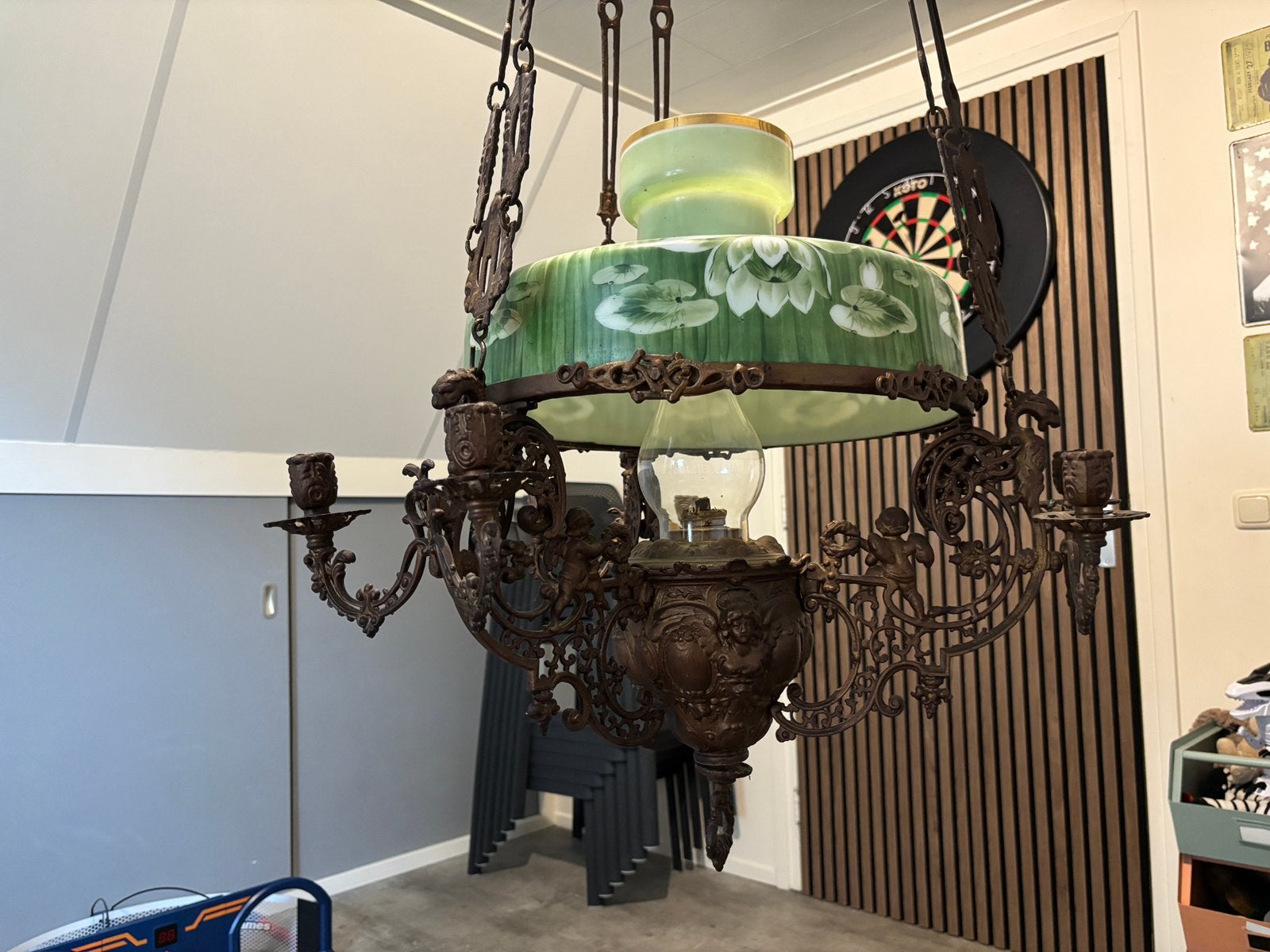 Antieke Jugendstil hangolielamp – met handgeschilderde kap, Antiek en Kunst, Ophalen