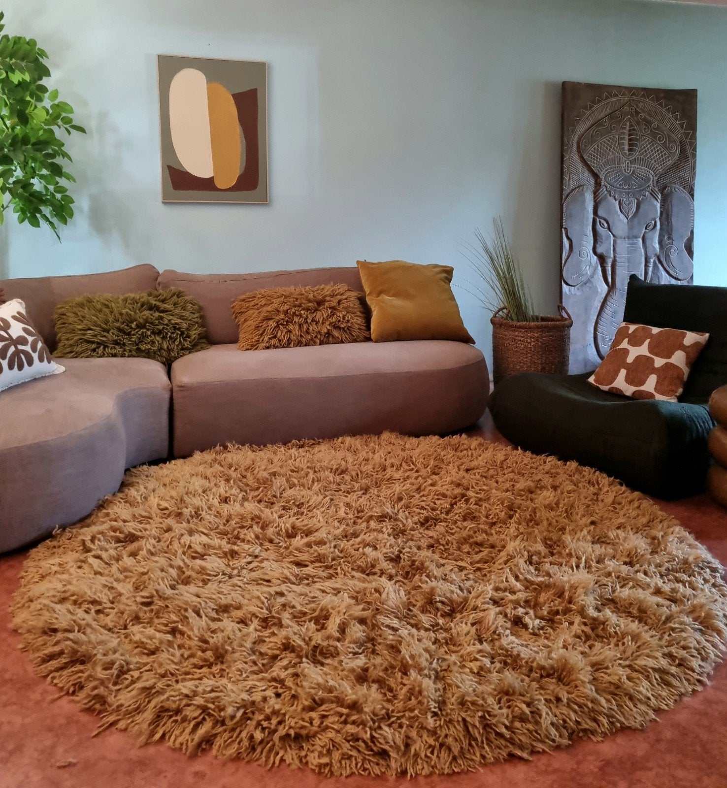 HKliving Fluffy wollen tapijt, rond, 200 cm, z.g.a.n., Huis en Inrichting, Stoffering | Tapijten en Kleden, Ophalen, Bruin, Rond