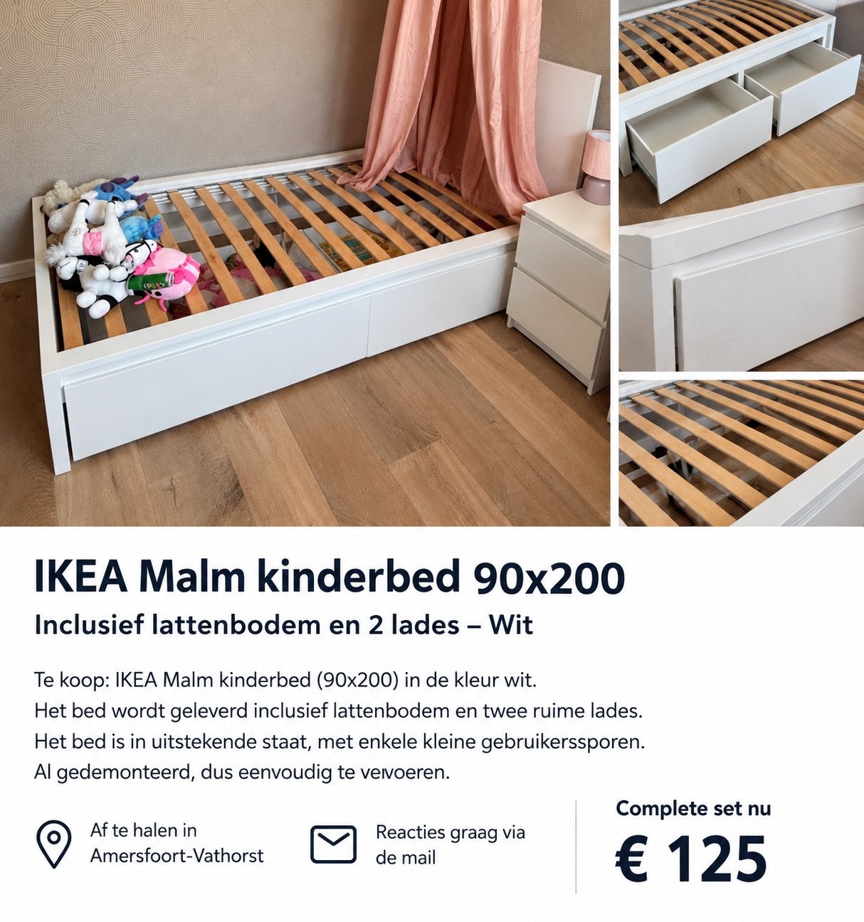 IKEA Malm kinderbed 90x200 met lattenbodem en 2 lades - Wit, Ophalen, 90 cm, Eenpersoons, Wit
