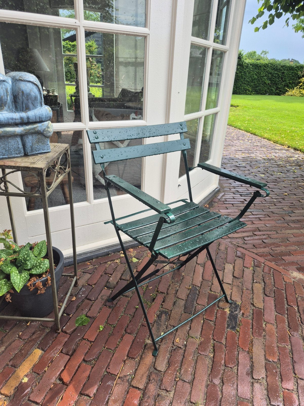 Antieke inklapbare klapstoel tuinstoel armleuningen - Groen, Ophalen