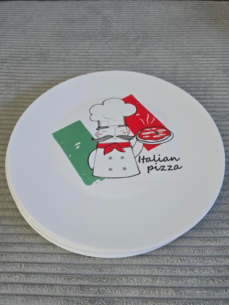 4 pizzaborden met Italiaanse chef-kok design, Huis en Inrichting, Ophalen, Gebruikt, Keramiek, Bord(en)