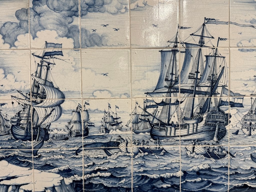 Reproductie tegeltableau walvisjacht voc schepen 91x52cm., Ophalen