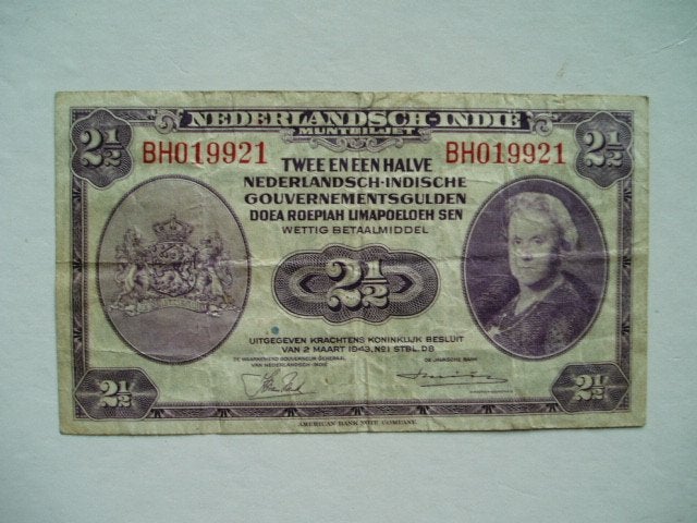 1297. Nederlands Indië, 2 1/2 gulden1943 Koningin Wilhelmina, Verzenden, Zuidoost-Azië, Los biljet