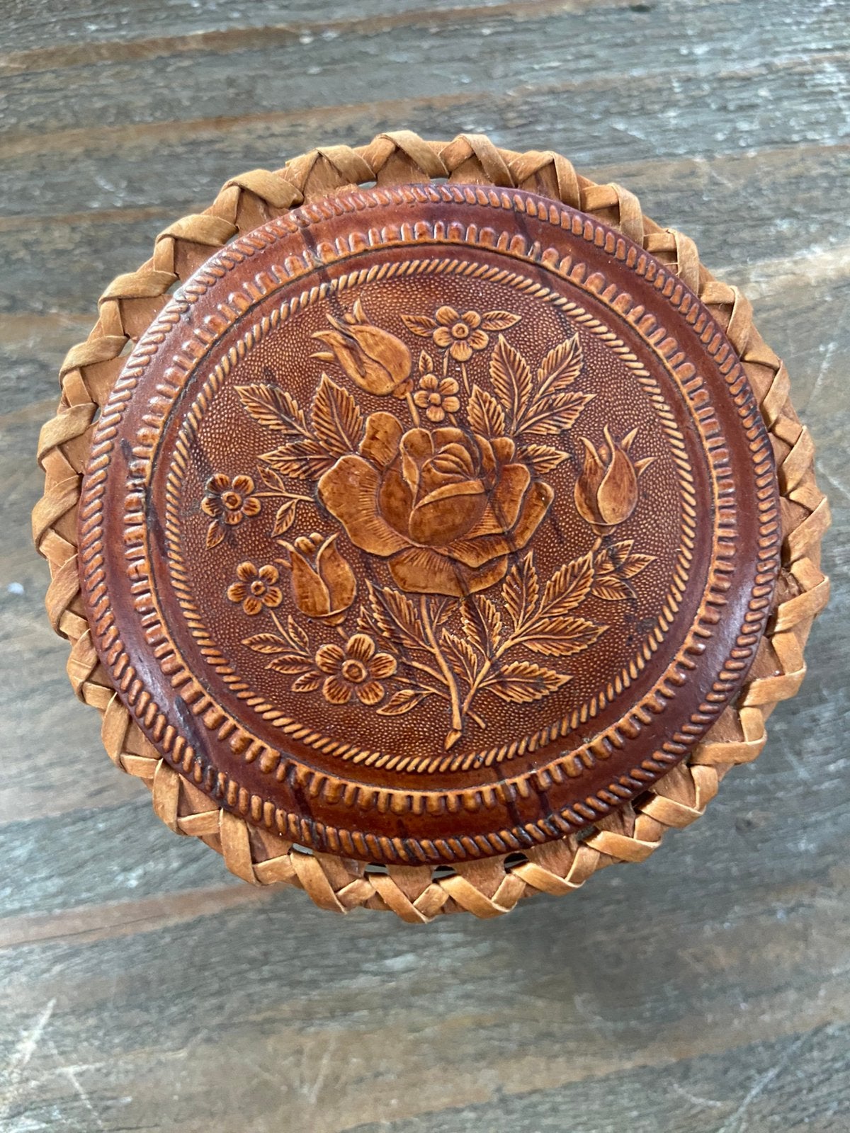 Vintage ‘70 Siberisch berkenbast met leer doosje, Antiek en Kunst, Ophalen of Verzenden