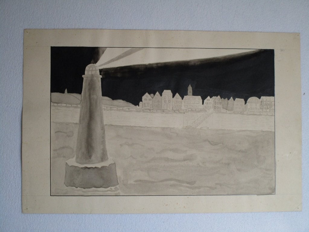 Nr.59: Oude tekening Aquarel Schilderij Vuurtoren met, Minder dan 50 cm, Ophalen of Verzenden, Zo goed als nieuw, Schilderij