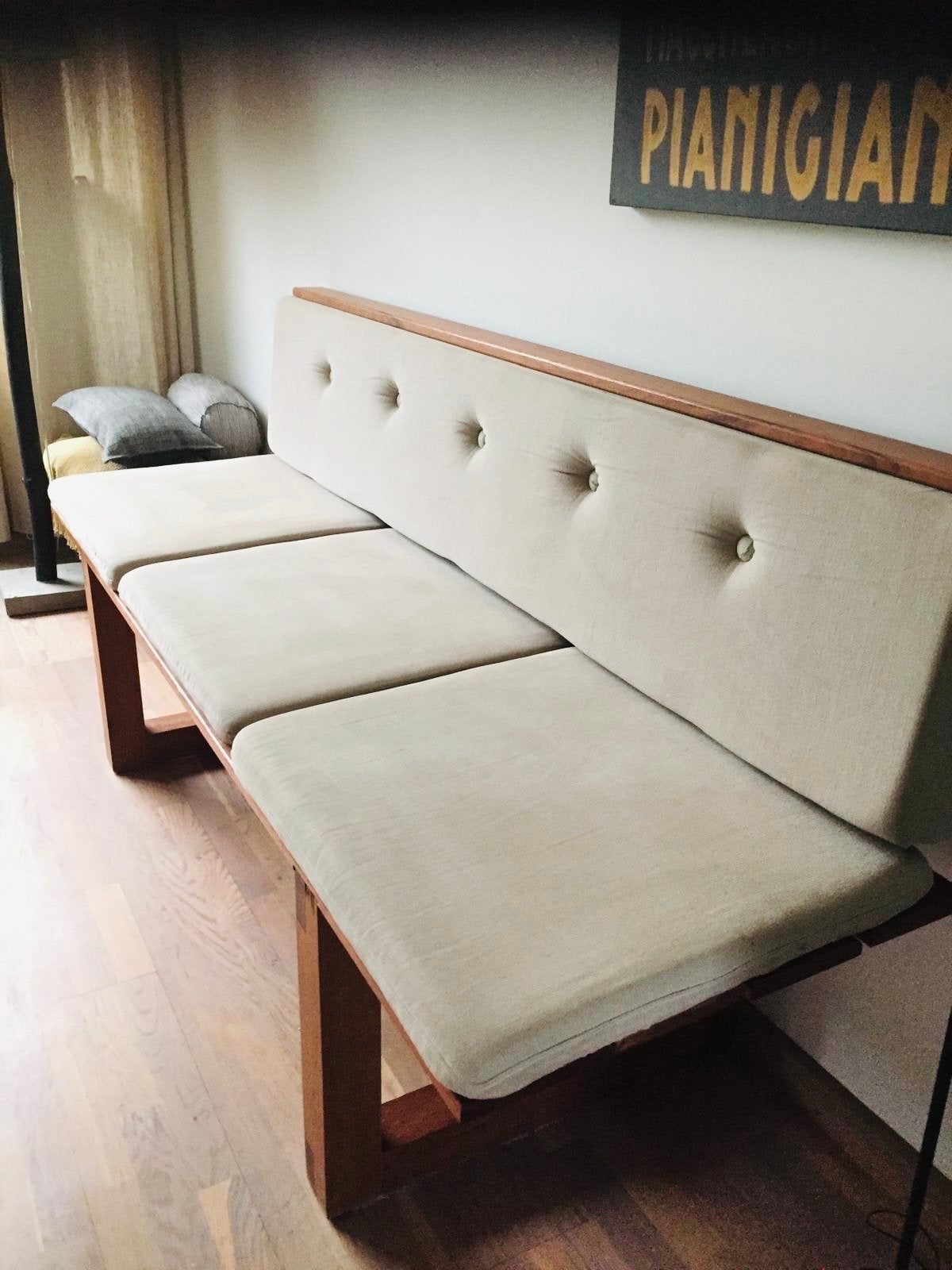 Vintage jatoba houten bank met stoffen kussens, Ophalen