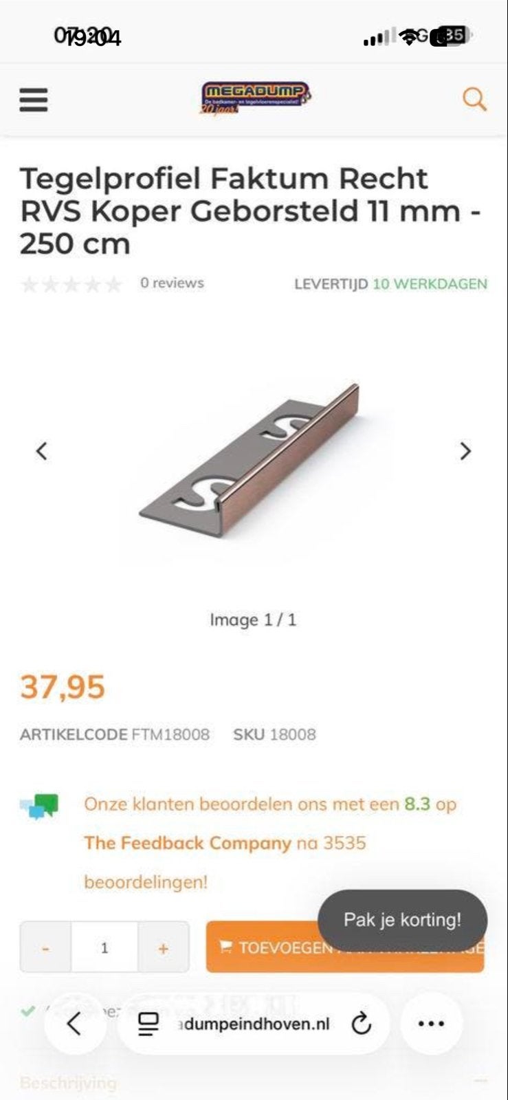 Nieuw Tegelprofiel RVS Koper Geborsteld 11mm - 250cm, Overige typen, Nieuw, Ophalen of Verzenden, Overige materialen