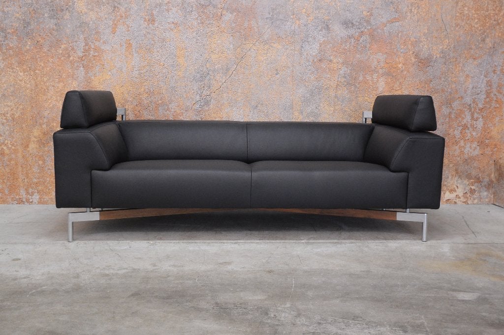 NIEUW beklede zwarte leren Leolux Howlo design bank, Leolux, Leolux, Driepersoons, 75 tot 100 cm