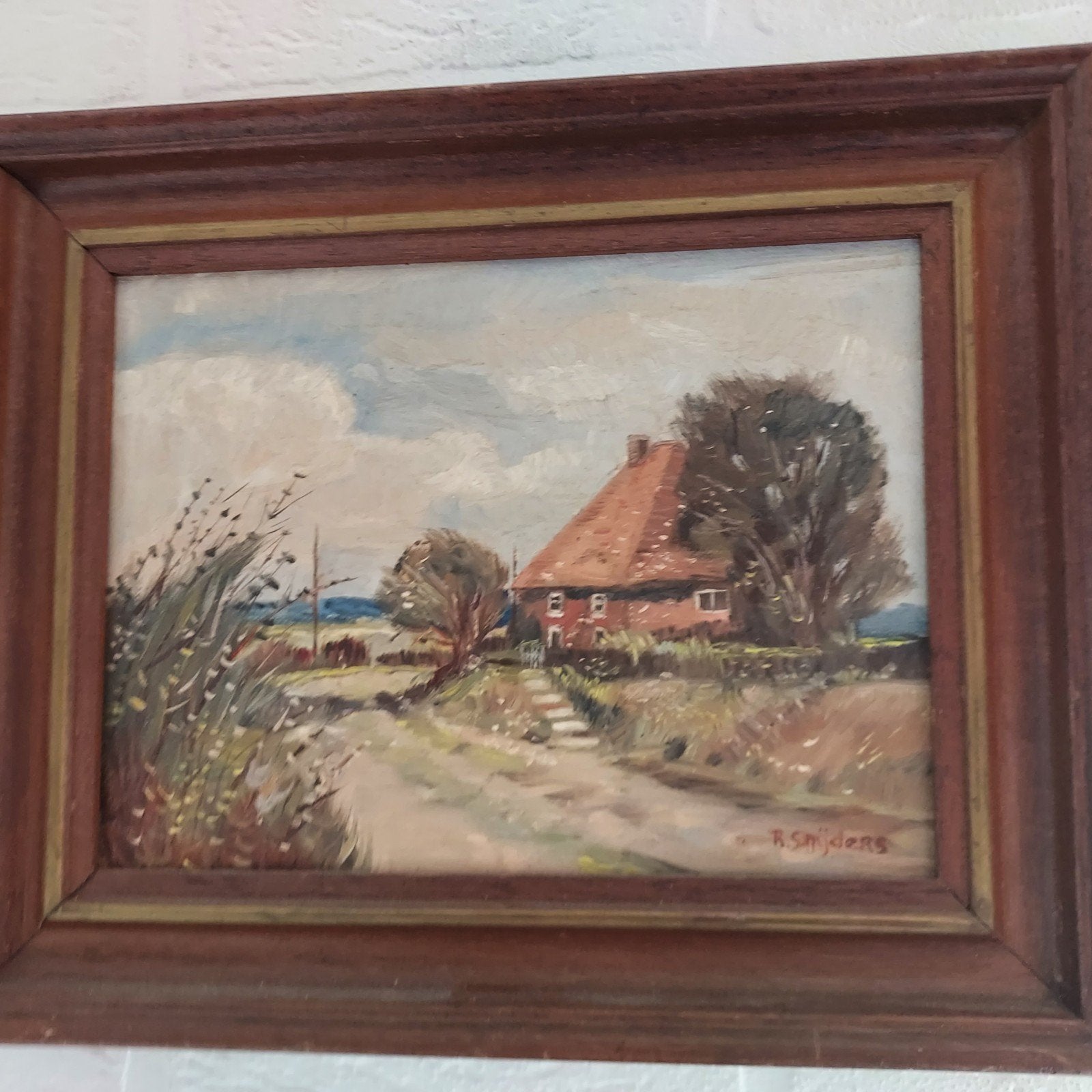 Schilderij Landschap met Boerderij - Gesigneerd R. Snijders, Ophalen, Doek, Realistisch, Landschap