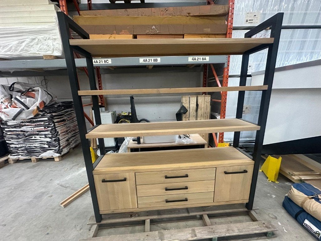 Goossens Santos wandmeubel / kast – eiken & zwart staal, Ophalen, Met deur(en), 200 cm of meer, 150 tot 200 cm