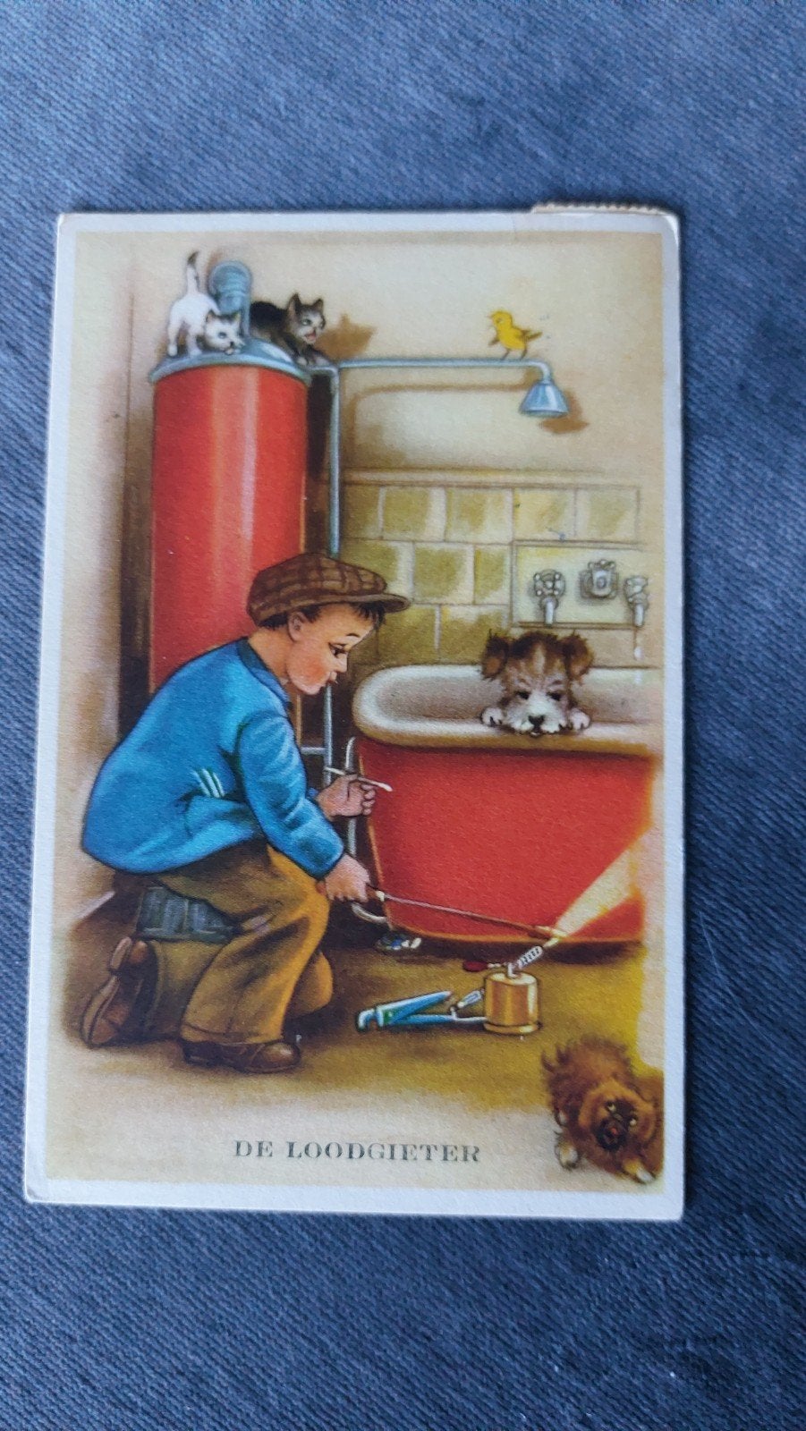Beroepen fantasie De Loodgieter,de hond kijkt aandachtig toe, Verzenden, 1940 tot 1960, Gelopen, Overige thema's