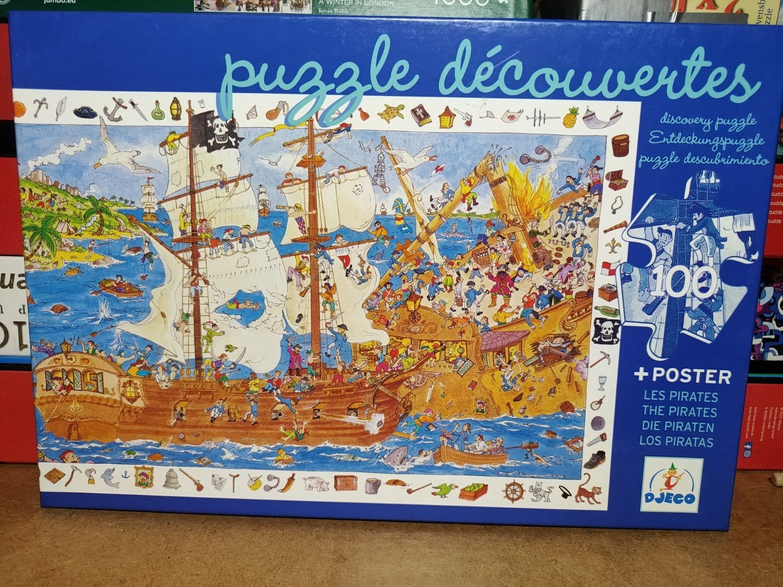 Djeco puzzel 100 stukjes Die piraten, Ophalen of Verzenden, Minder dan 500 stukjes, Zo goed als nieuw, Legpuzzel