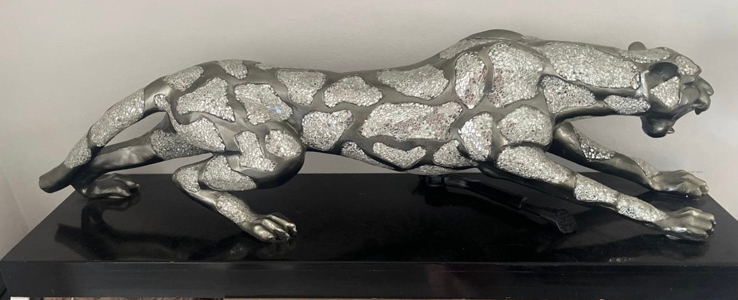 Grote Panter Beeld  xxl 120 cm- Zilverkleurig met Mozaïek, Antiek en Kunst, 50 - 100 cm, Overige materialen, Beeld, Europa
