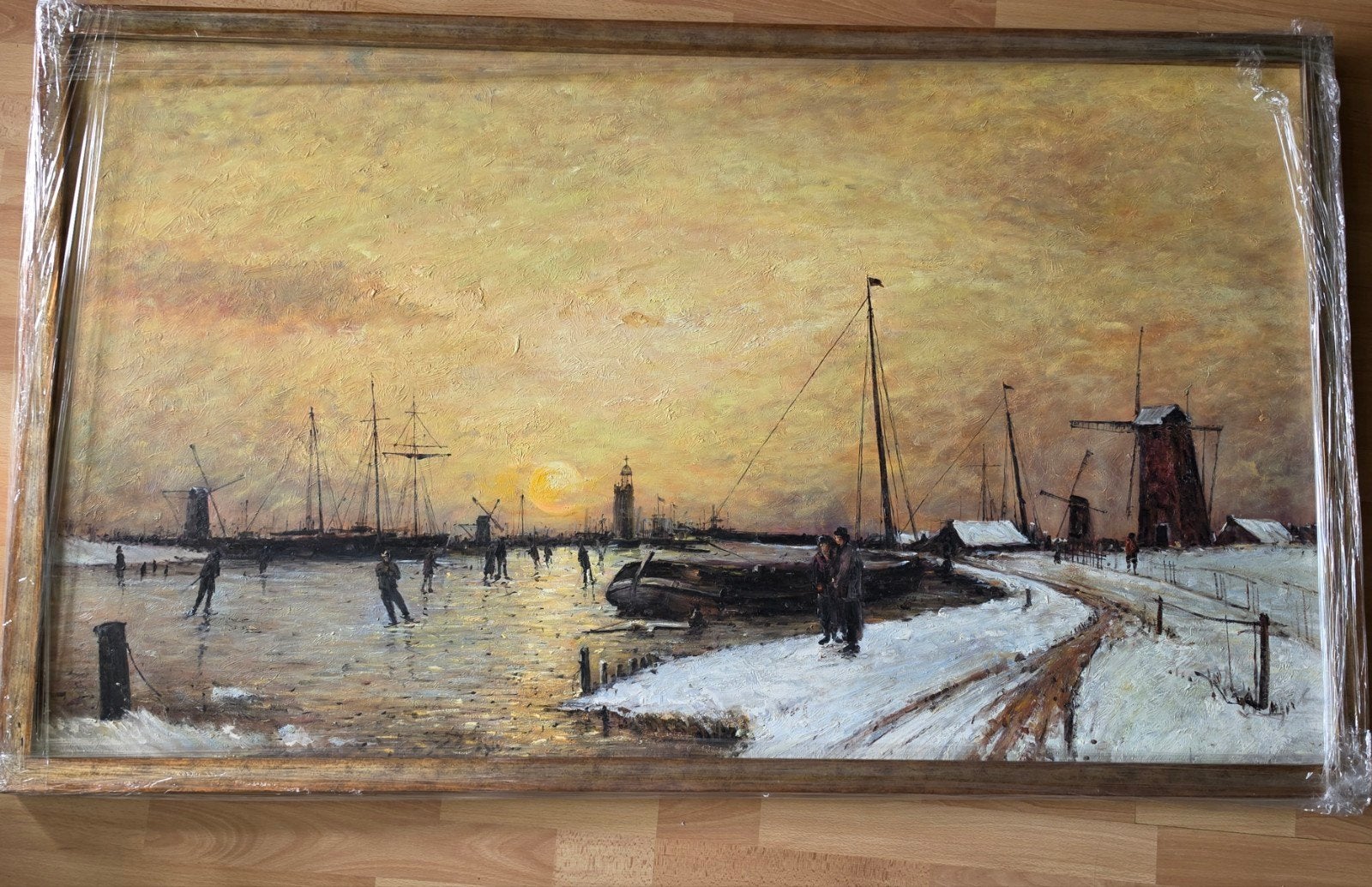 Heel mooi schilderij: Havenzicht met schaatsers en molens, Ophalen
