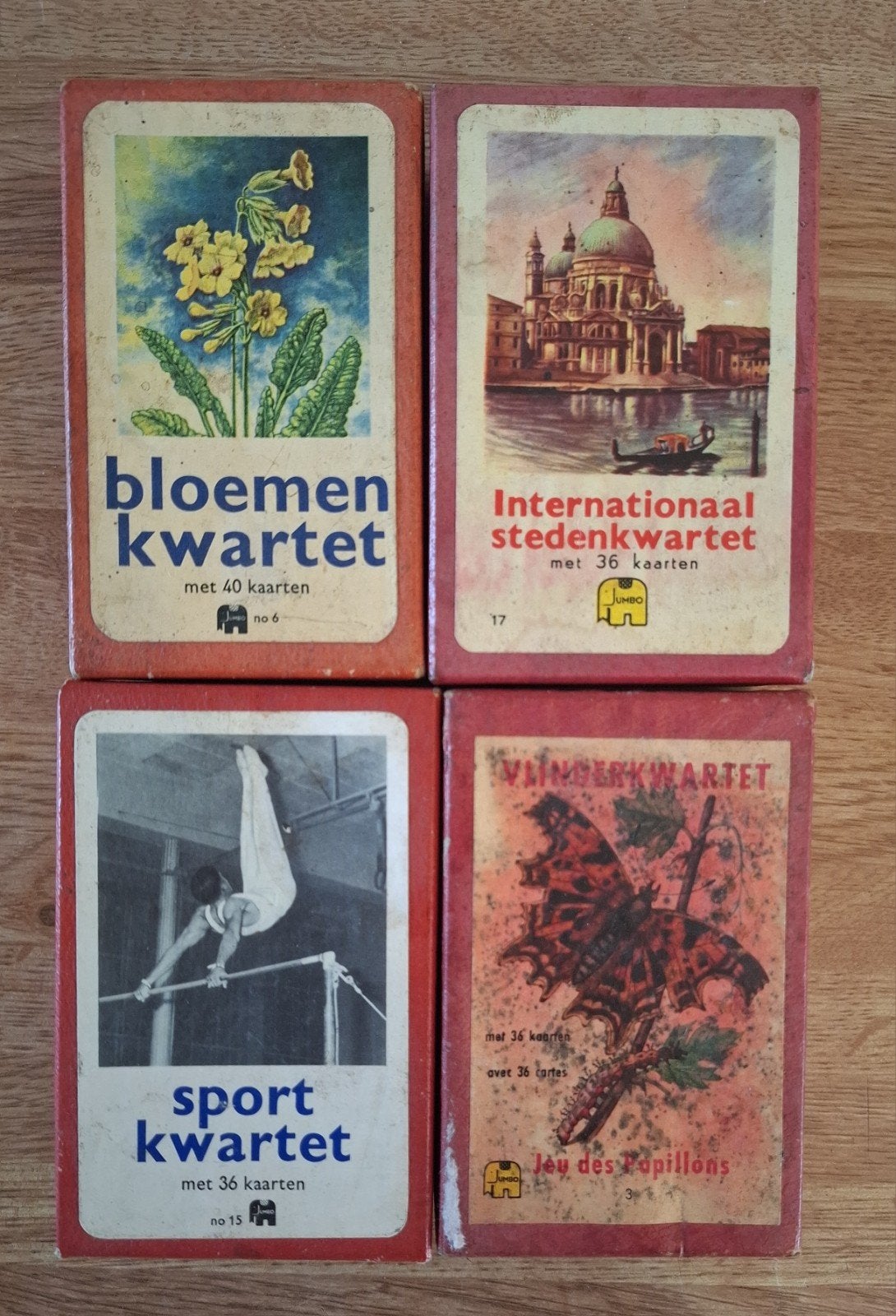 Antieke Kwartetspellen - Bloemen, Steden, Sport, Vlinders, Drie of vier spelers, Ophalen of Verzenden, Gebruikt, Jumbo