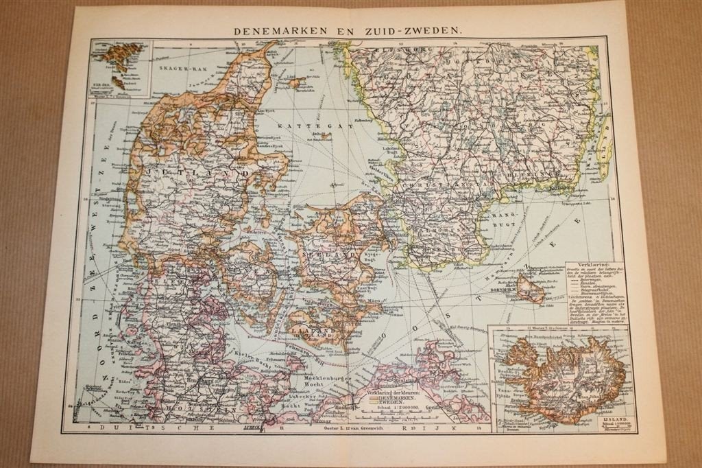 Antieke kaart - Denemarken en Zuid-Zweden - Ca 1900, Ophalen of Verzenden, 1800 tot 2000, Nederland, Landkaart
