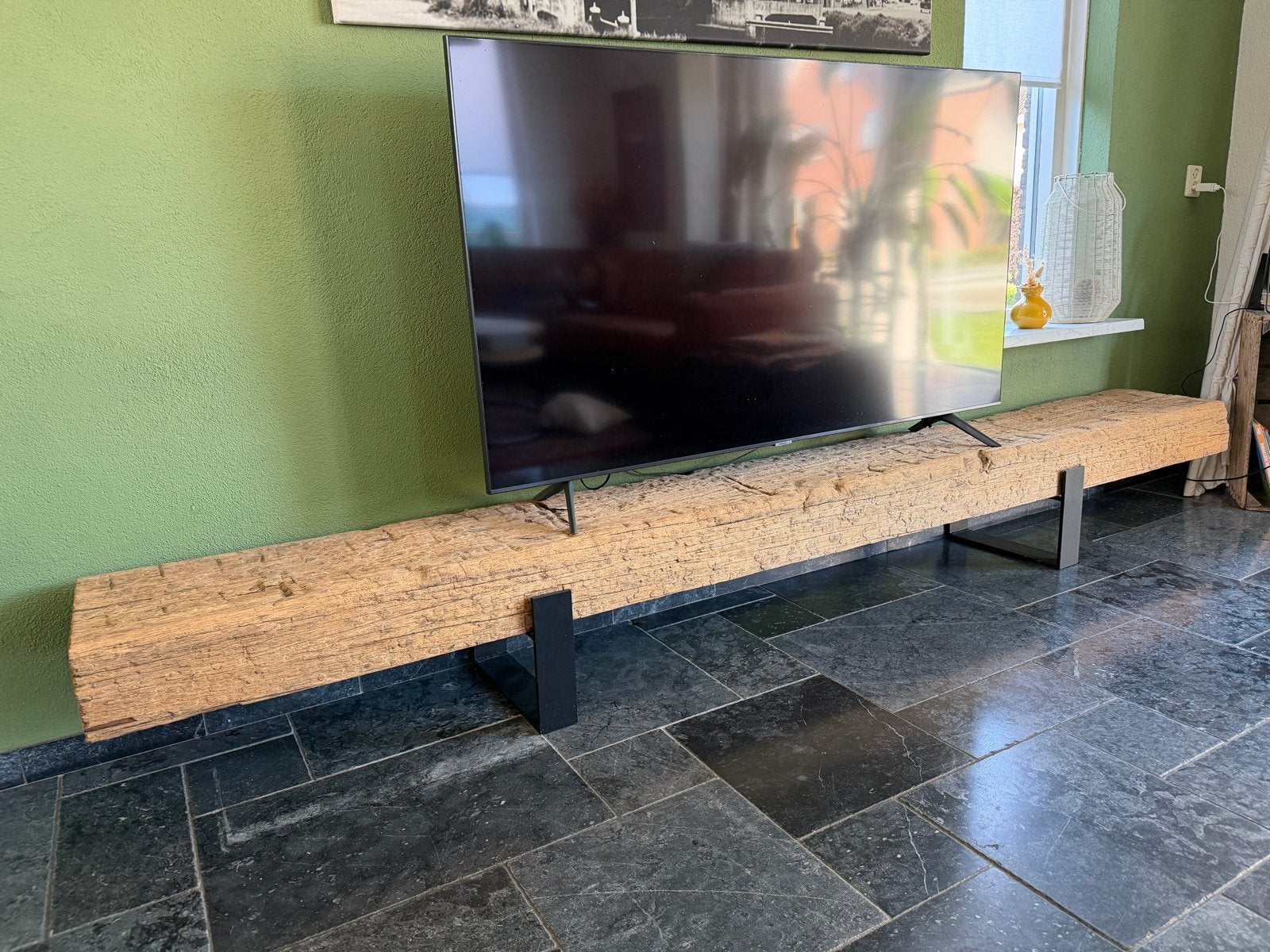 Uniek TV-meubel van massieve meerpaal, Ophalen, Gebruikt, 200 cm of meer, Minder dan 100 cm