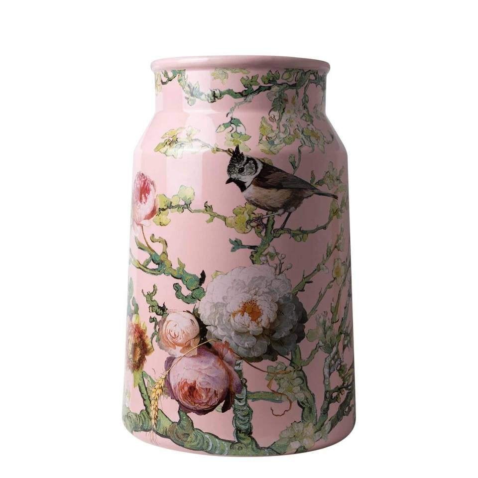 Heinen Delfts Blauw Melkbusvaas Bosvogels - Roze - 30 cm, Overige merken, Keramiek, Overige typen, Ophalen of Verzenden
