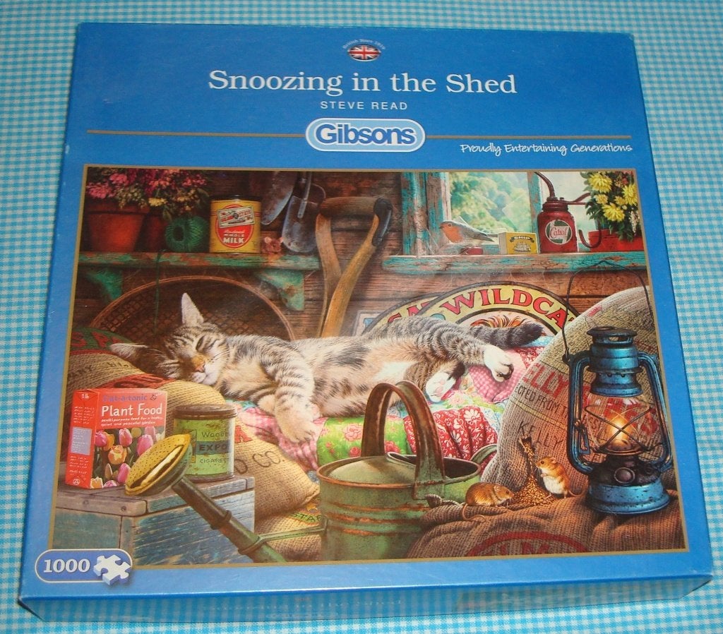 GIBSONS puzzel - Snoozing in the Shed - 1000stukjes compleet, Ophalen of Verzenden, 500 t/m 1500 stukjes, Zo goed als nieuw, Legpuzzel