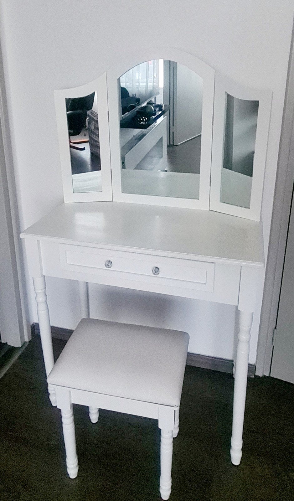 Witte kaptafel met spiegel en krukje, Ophalen, 100 tot 150 cm, 50 tot 100 cm, Zo goed als nieuw
