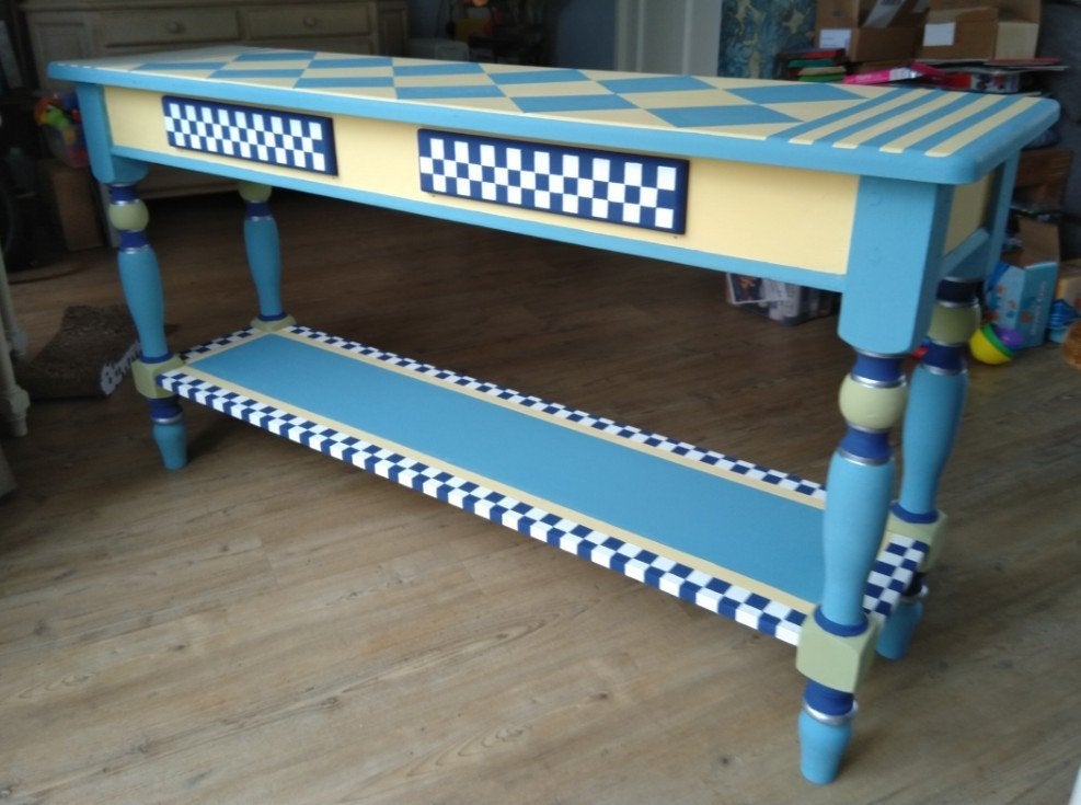Unieke kleurige handbeschilderde sidetable / haltafel, Ophalen, Minder dan 50 cm, Overige houtsoorten, Gebruikt