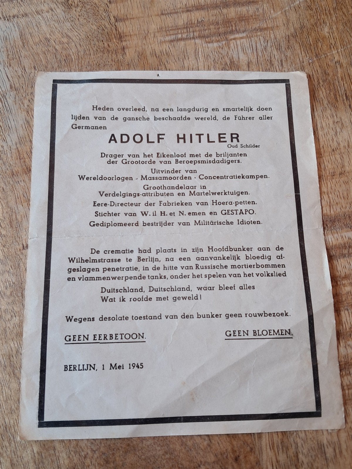 Spot rouwadvertentie Adolf Hitler (oud schilder), Verzamelen, Ophalen of Verzenden