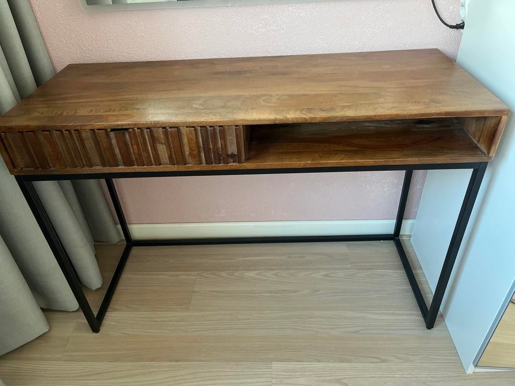 Kaptafel/sidetable mangohout met spiegel en verlichting, Ophalen, Gebruikt, 100 tot 150 cm, Minder dan 100 cm