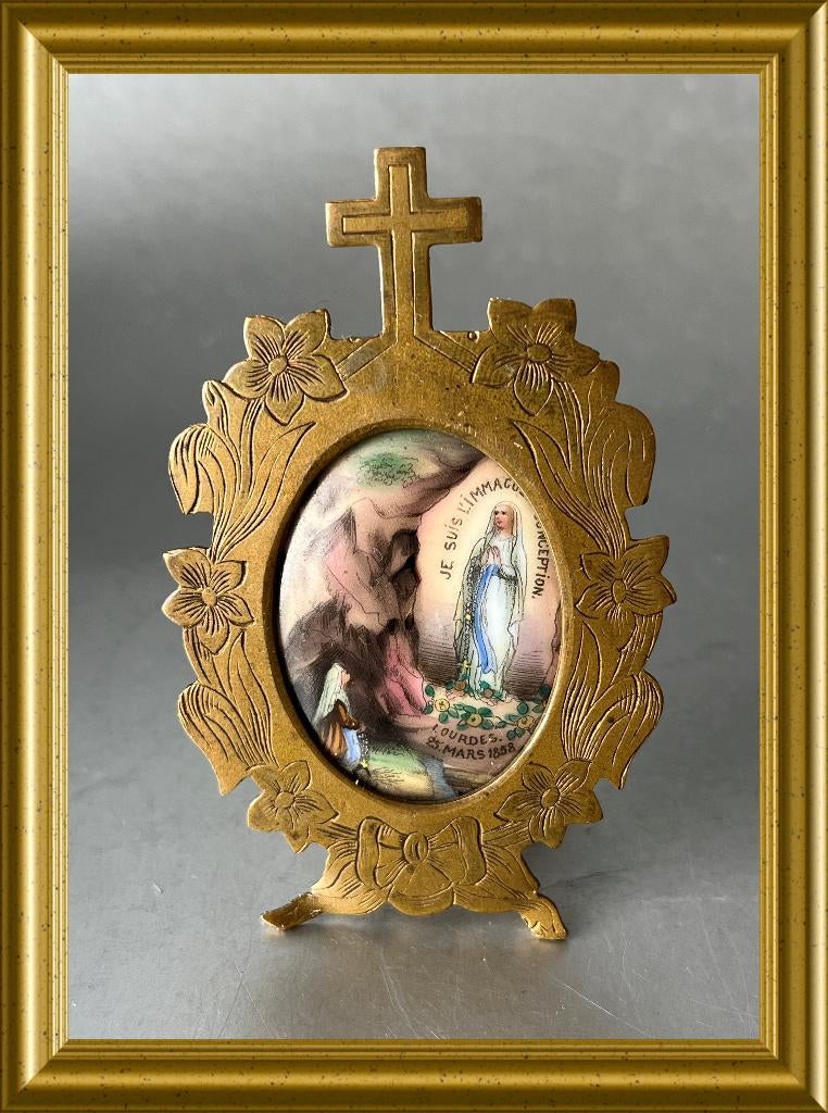 Antiek religie lijstje/ altaartje: porselein Maria, Lourdes, Ophalen of Verzenden