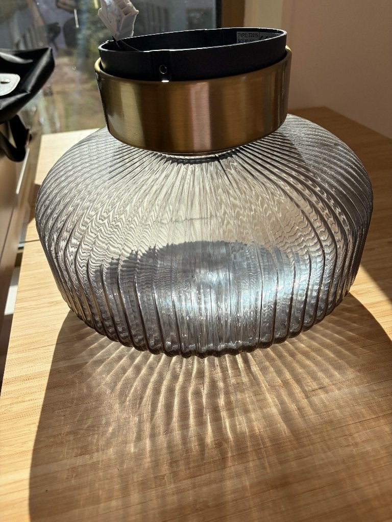 Ikea SOLKLINT Plafondlamp, messing/grijs helder glas, 27 cm, Gebruikt, Glas, Plafondlamp, 27 cm