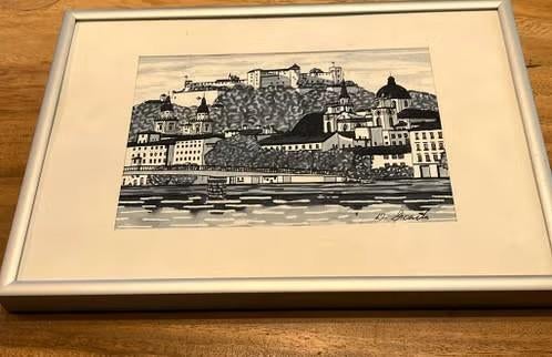 stadsgezicht tekening van Wilfried Dicenta 29/21cm pp18/12cm, Ophalen of Verzenden