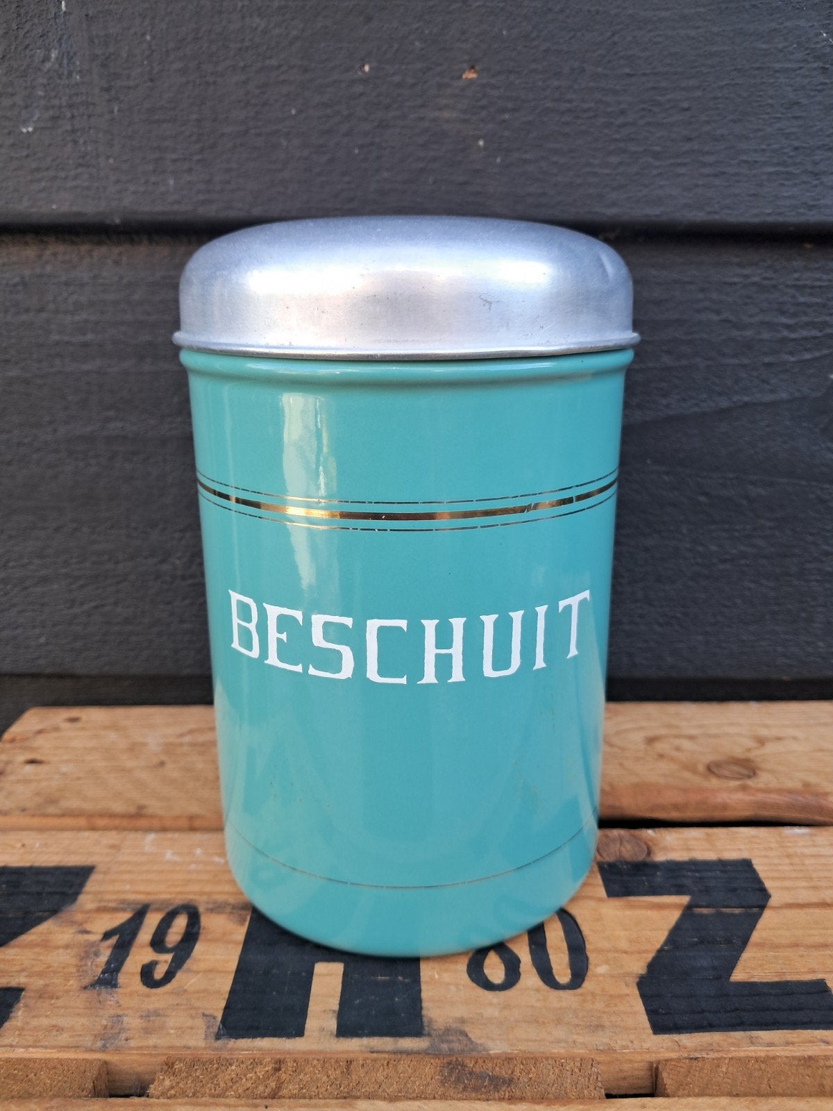 Mooie gave Mintgroene beschuitbies met bies, Antiek en Kunst, Ophalen of Verzenden