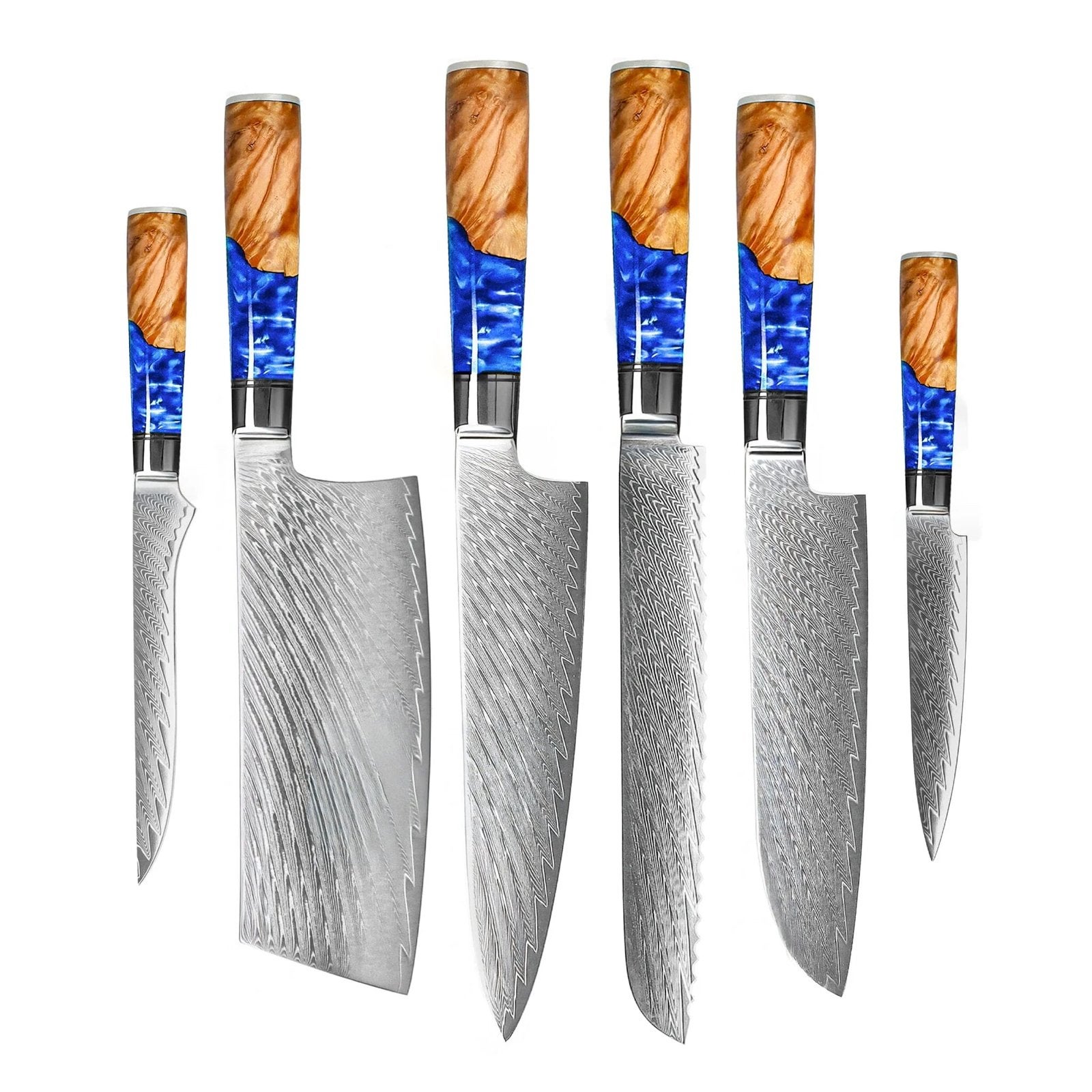 Shinrai Knives - Epoxy Sapphire 6-delige Damascus Messenset, Ophalen of Verzenden, Zo goed als nieuw, Rvs of Chroom