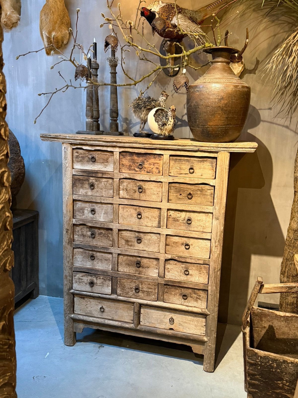 Unieke chinese elmwood ladenkast oud en doorleefd hout, Ophalen, Stoer sober landelijk hoffz aura peeperkorn, 100 tot 150 cm, 100 tot 150 cm