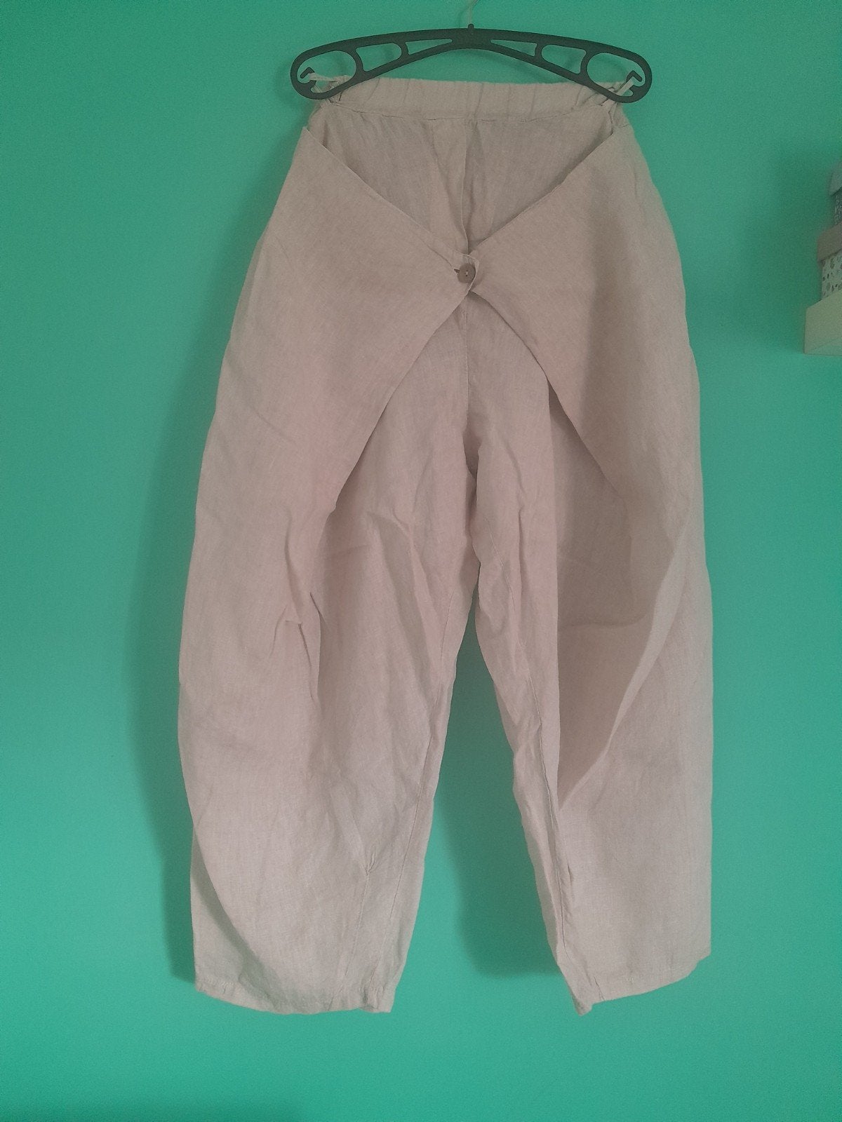 Zeer aparte laag kruis broek - 100% linnen - Zandkleur, Ophalen of Verzenden