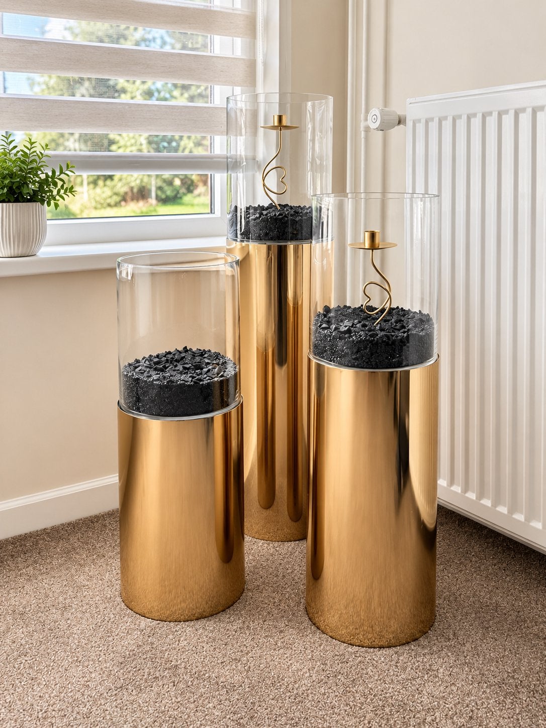 Luxe set van 3 gouden windlichten / kandelaars met glas, Huis en Inrichting, Ophalen, Zo goed als nieuw