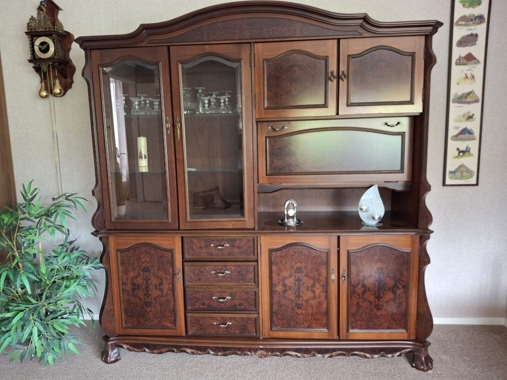 houten wandmeubel met vitrine, klep en laden, Ophalen, Gebruikt, Met deur(en), 150 tot 200 cm