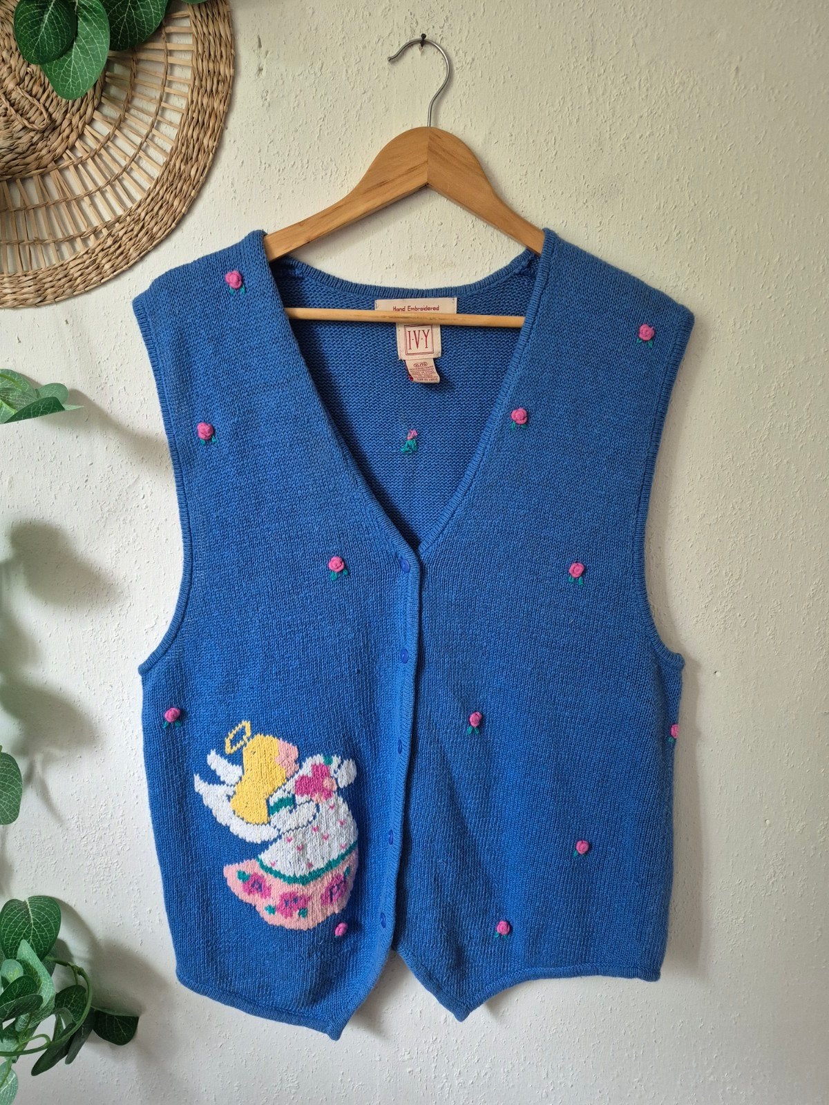Vintage handgeborduurd katoenen vestje/gilet M/XL, Blauw, Maat 42/44 (L), Ophalen of Verzenden, Zo goed als nieuw