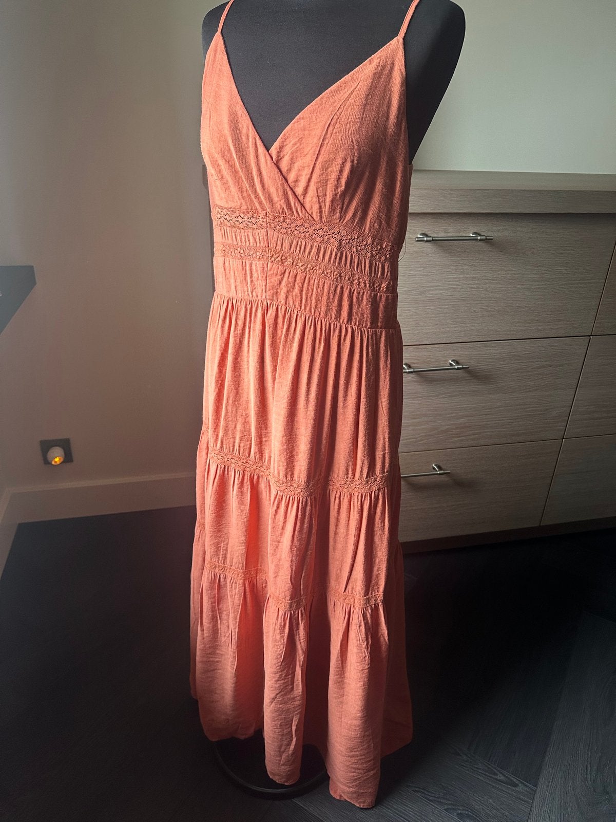 Schitterende Rue de Femme Maxi Jurk Maat S Koraalrood, Kleding | Dames, Oranje, Ophalen of Verzenden, Zo goed als nieuw, Maat 36 (S)
