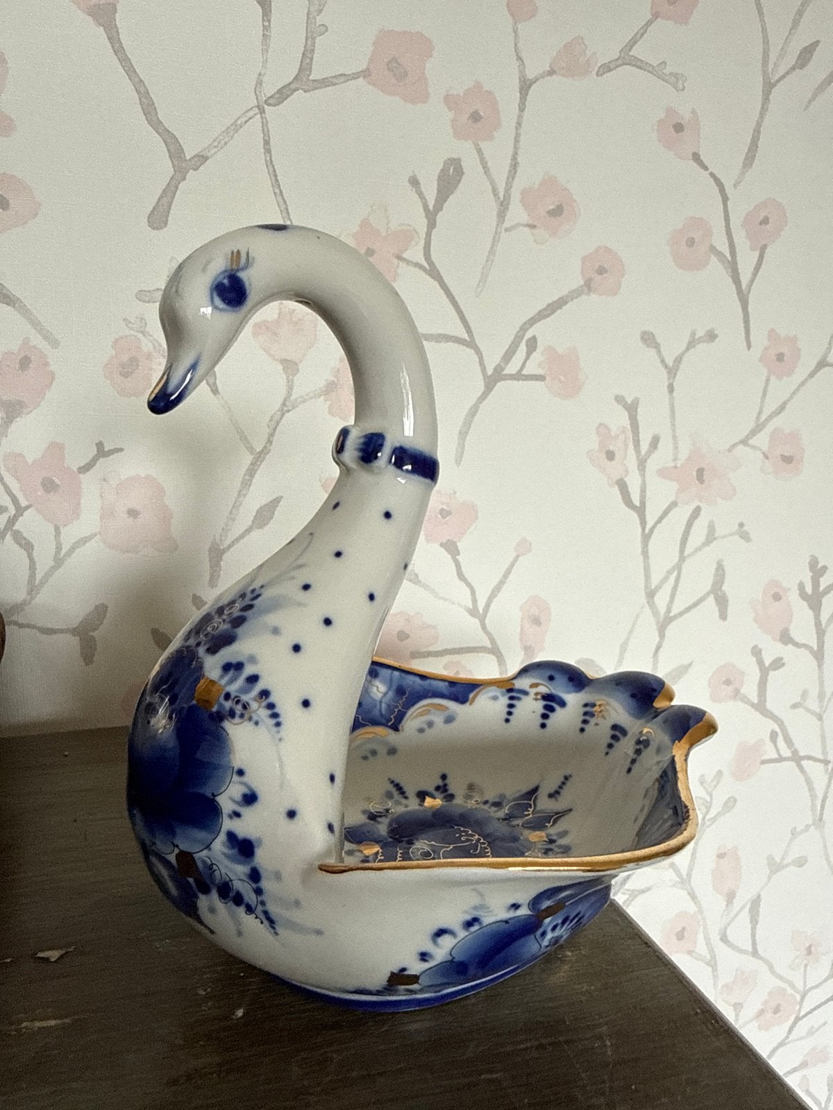 Porseleinen Zwaan Gzhel Stijl Blauw Wit Goud, Ophalen