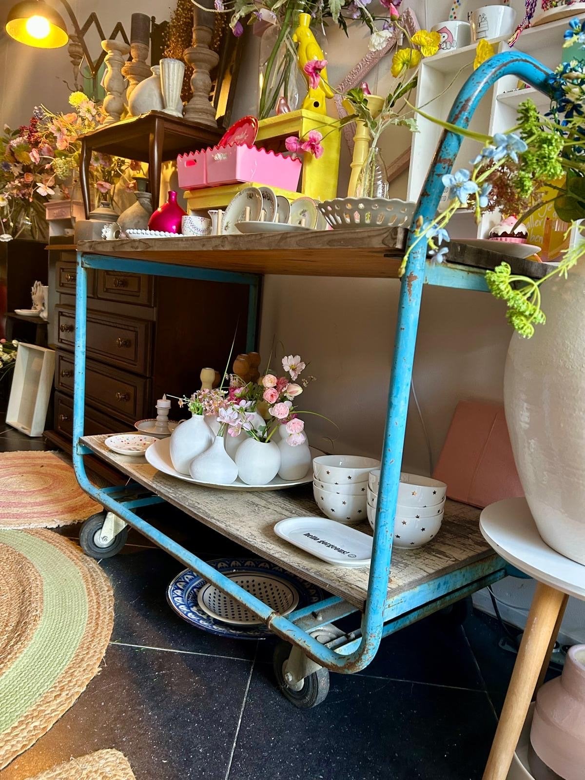 Vintage Industriële Trolley met Houten Legborden, Ophalen of Verzenden