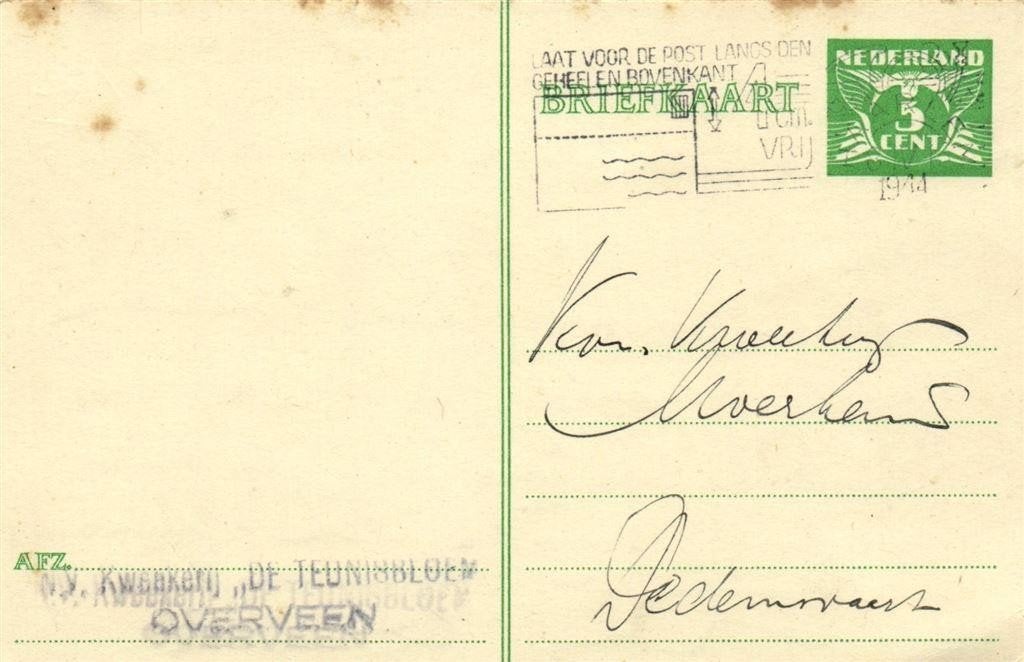NV Kweekerij De Teunisbloem, Overveen - 04.1944 - briefkaart, Ophalen of Verzenden, Briefkaart