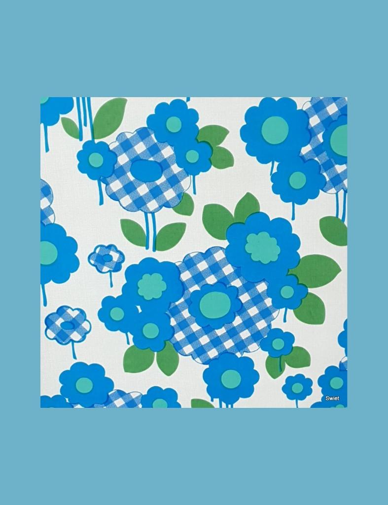 4177 blauw bloemen behang retro ruit jaren 70 flower swiet, Ophalen of Verzenden, 50 tot 75 m², Groen
