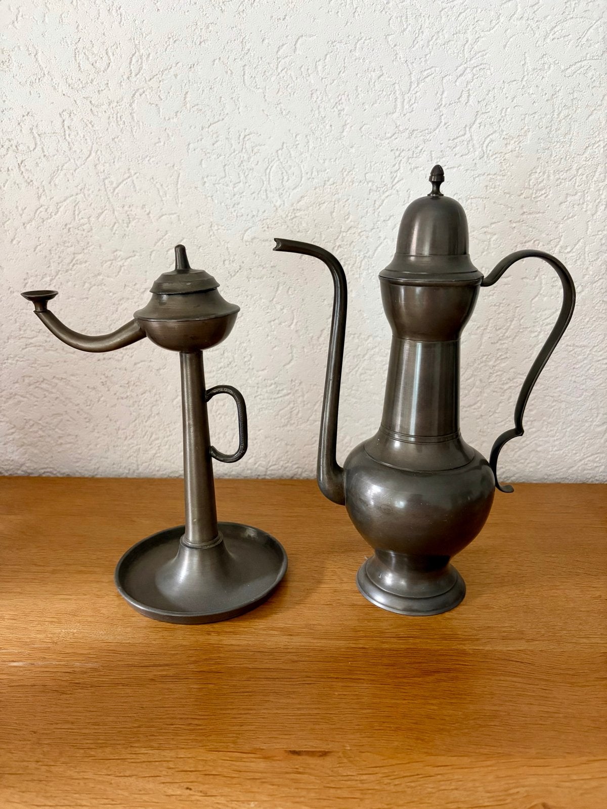 Antieke tinnen olielamp en kan - Set, Ophalen of Verzenden