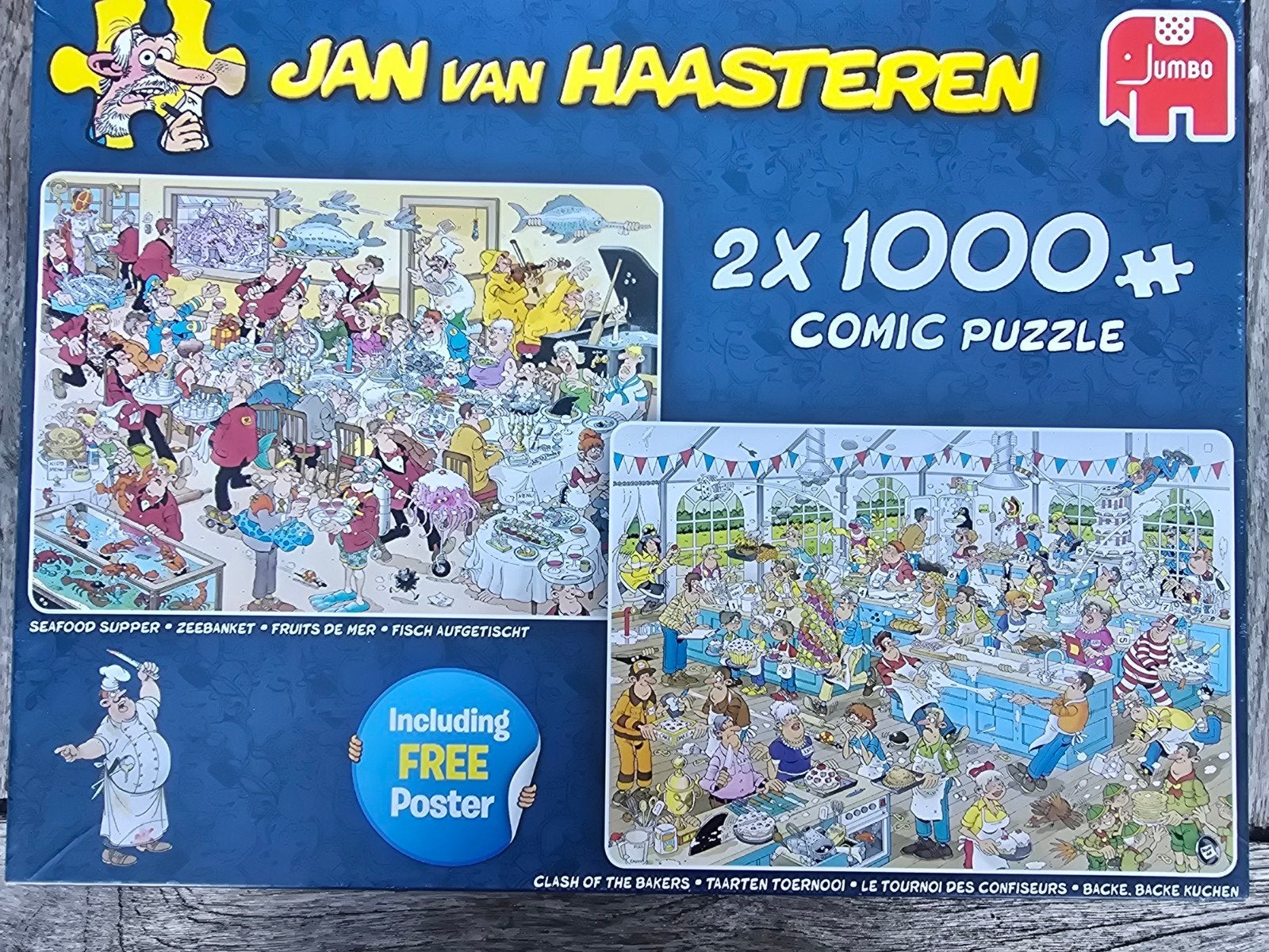 Jan van Haasteren 2x1000 stukjes puzzel met poster, Ophalen of Verzenden, 500 t/m 1500 stukjes, Zo goed als nieuw, Legpuzzel