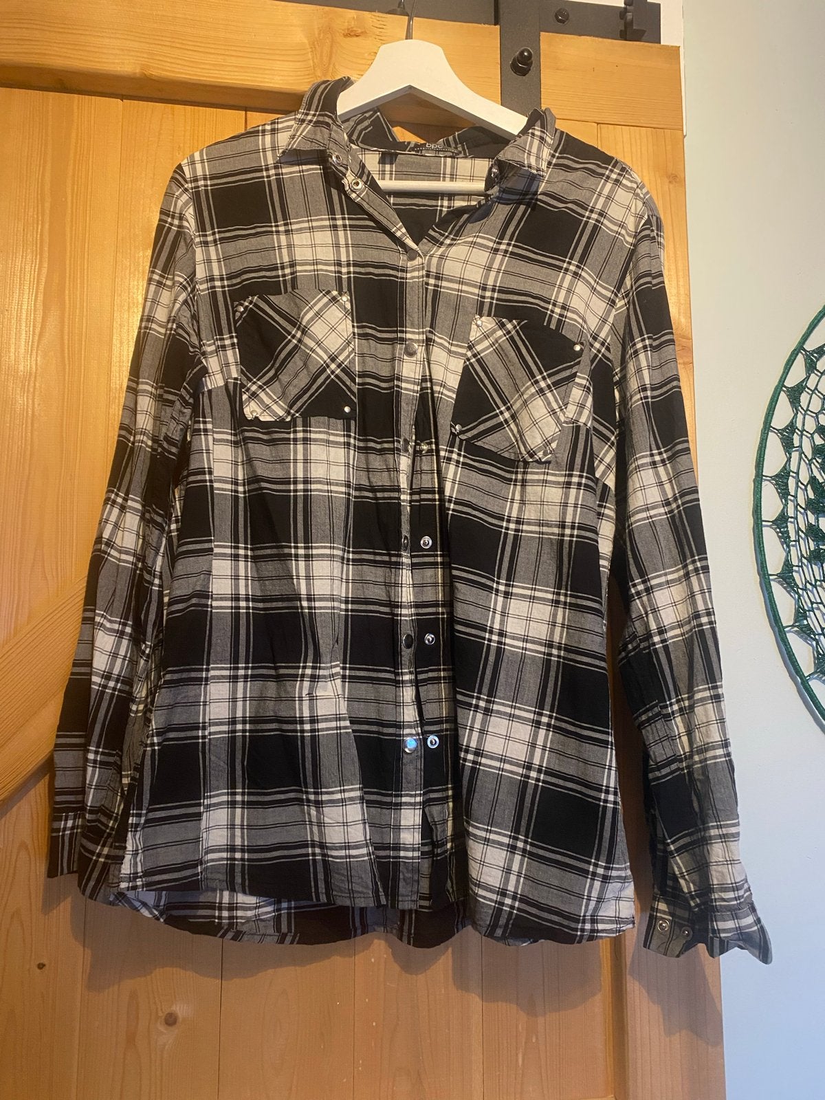 Geruite katoenen blouse zwart wit maat 44 met drukknopen, Ophalen of Verzenden, Zo goed als nieuw, Maat 42/44 (L), Zwart