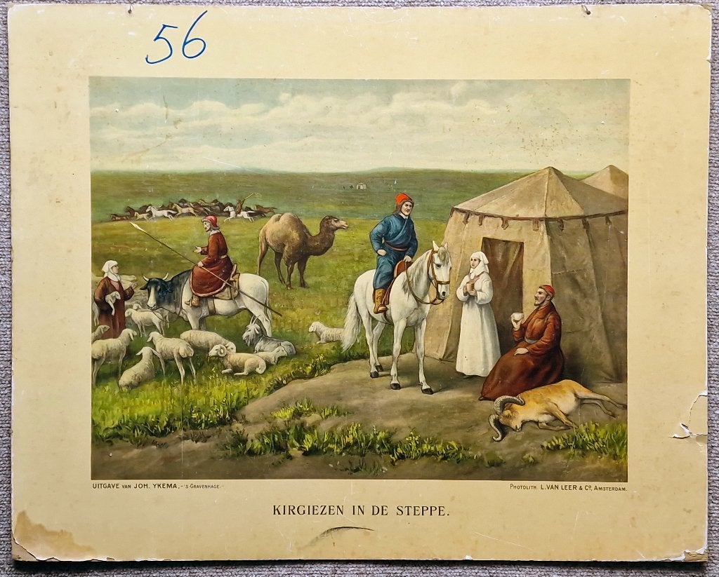 "Kirgiezen in de steppen", Antiek en Kunst, Antiek | Schoolplaten, Ophalen, Geschiedenis