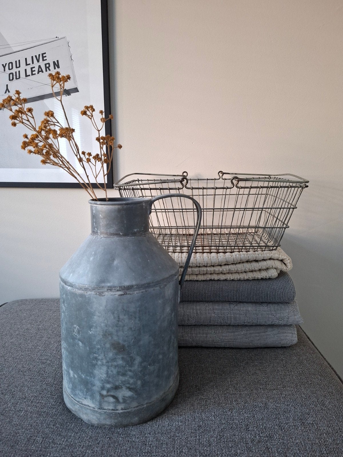 brocante zinken kan en winkelmand., Ophalen of Verzenden