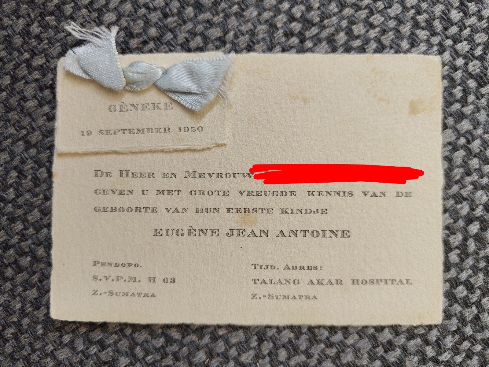 Geboortekaartje uit Zuid-Sumatra, Ophalen of Verzenden, Voor 1970, Geboortekaartje