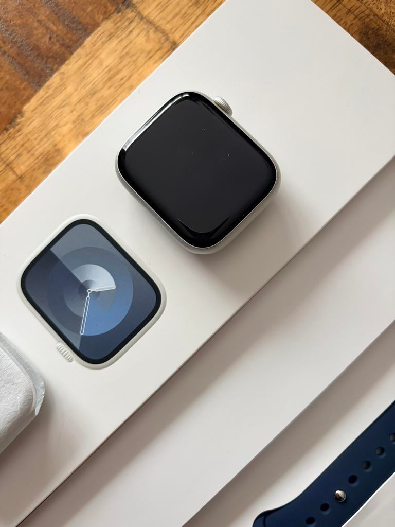 Apple Watch serie 9 silver 45mm GPS + Cellular, Ophalen, Blauw, IOS, Zo goed als nieuw